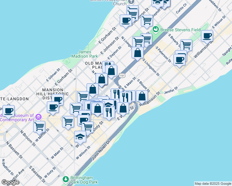 map of restaurants, bars, coffee shops, grocery stores, and more near 30 South Franklin Street in Madison