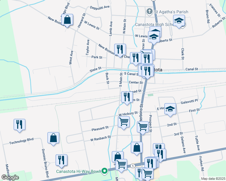 map of restaurants, bars, coffee shops, grocery stores, and more near 111 Barlow Street in Canastota