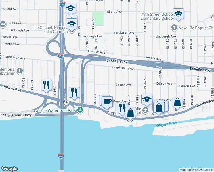 map of restaurants, bars, coffee shops, grocery stores, and more near 260 70th Street in Niagara Falls