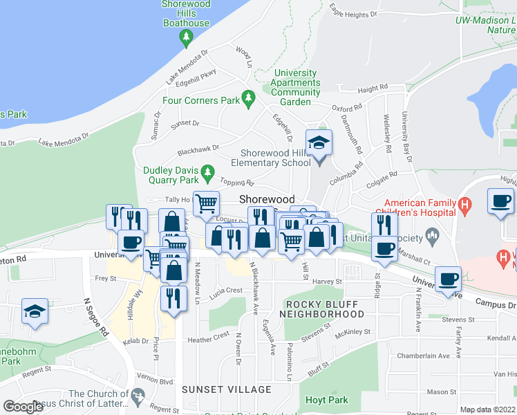 map of restaurants, bars, coffee shops, grocery stores, and more near 910 Western Road in Madison