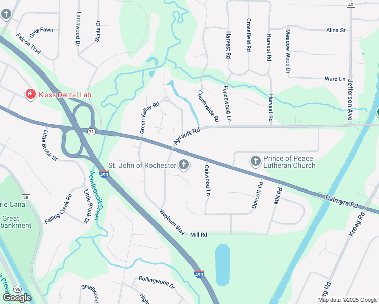 map of restaurants, bars, coffee shops, grocery stores, and more near 55 Ayrault Road in Fairport