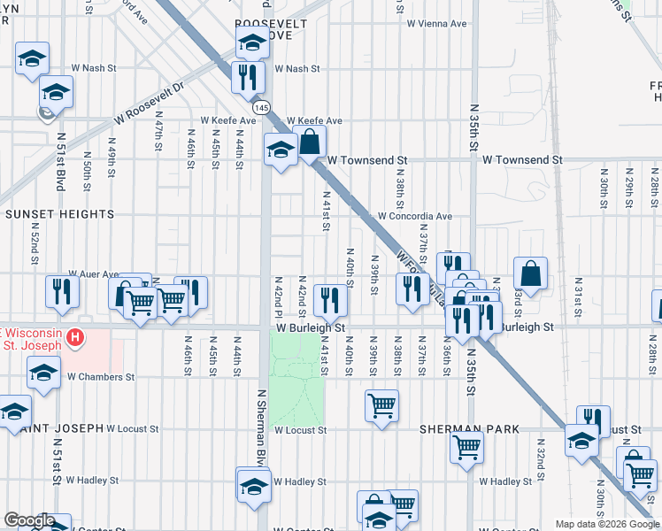 map of restaurants, bars, coffee shops, grocery stores, and more near 3177 North 41st Street in Milwaukee