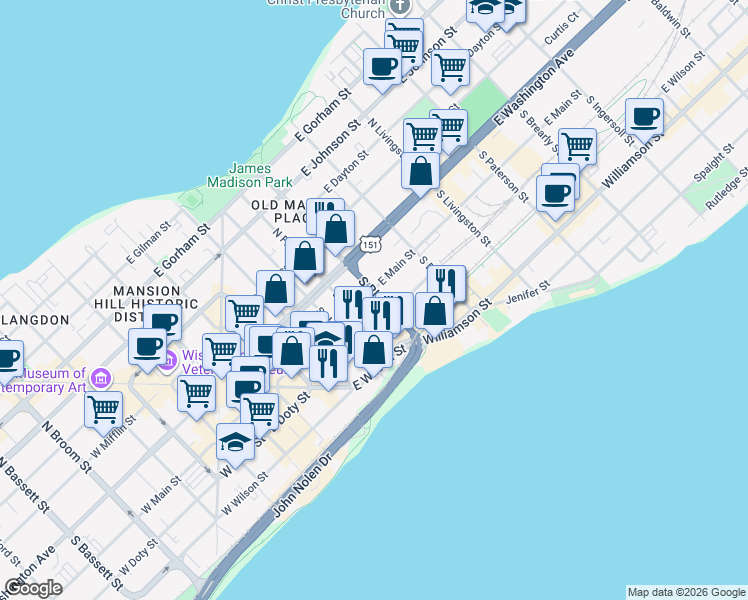 map of restaurants, bars, coffee shops, grocery stores, and more near 525 East Main Street in Madison