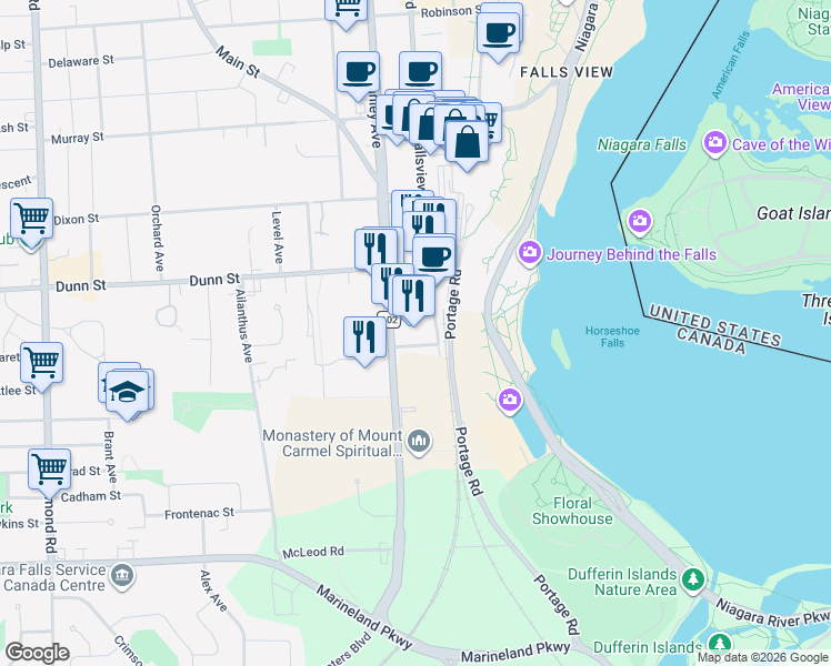 map of restaurants, bars, coffee shops, grocery stores, and more near 6755 Fallsview Boulevard in Niagara Falls
