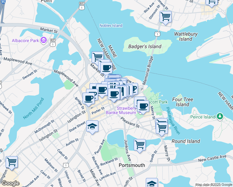 map of restaurants, bars, coffee shops, grocery stores, and more near 30 Penhallow Street in Portsmouth