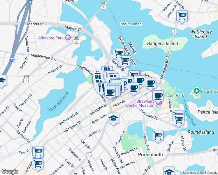 map of restaurants, bars, coffee shops, grocery stores, and more near 29 Maplewood Avenue in Portsmouth