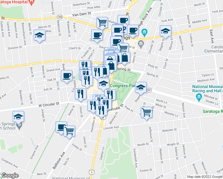 map of restaurants, bars, coffee shops, grocery stores, and more near 248 Broadway in Saratoga Springs