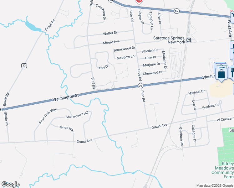 map of restaurants, bars, coffee shops, grocery stores, and more near 280 Washington Street in Saratoga Springs