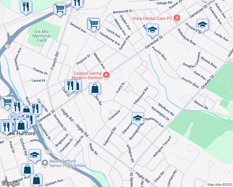 map of restaurants, bars, coffee shops, grocery stores, and more near 11 Eastwood Avenue in Utica
