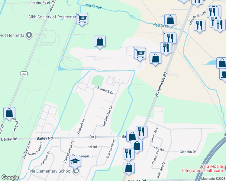 map of restaurants, bars, coffee shops, grocery stores, and more near 194 Kenwick Drive in Rochester