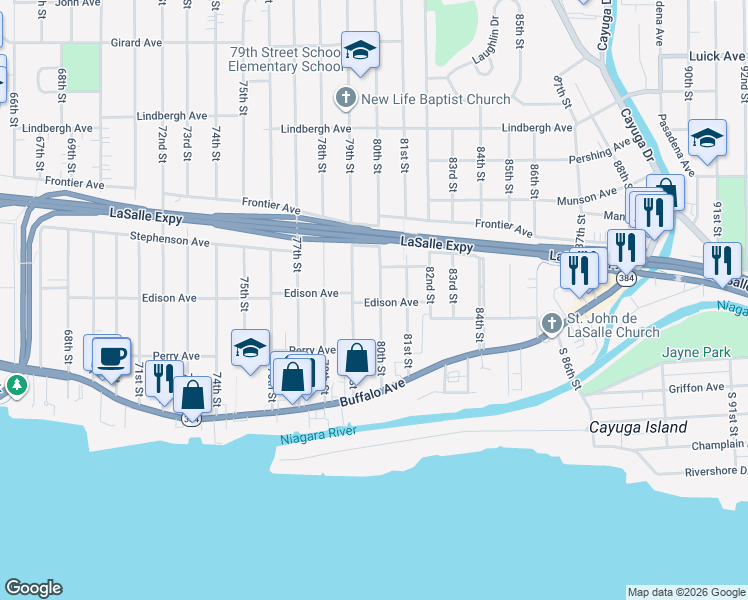 map of restaurants, bars, coffee shops, grocery stores, and more near 185 80th Street in Niagara Falls
