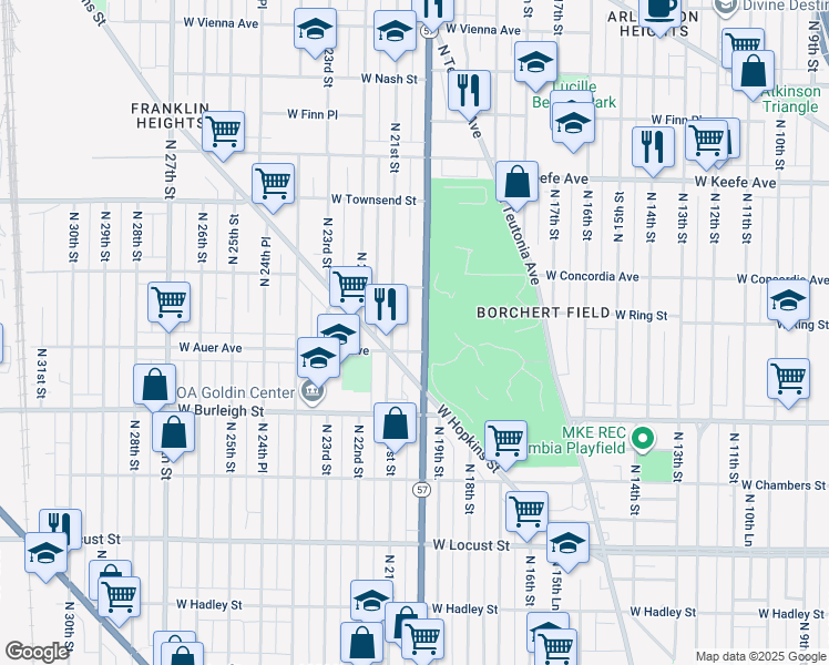 map of restaurants, bars, coffee shops, grocery stores, and more near 3201 North 20th Street in Milwaukee