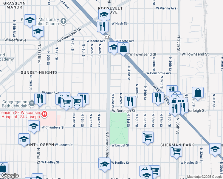 map of restaurants, bars, coffee shops, grocery stores, and more near 3203 North Sherman Boulevard in Milwaukee