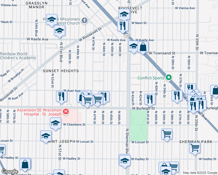 map of restaurants, bars, coffee shops, grocery stores, and more near 4525 West Auer Avenue in Milwaukee