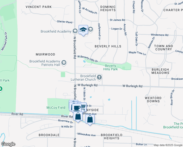 map of restaurants, bars, coffee shops, grocery stores, and more near 18590 Estate Circle in Brookfield
