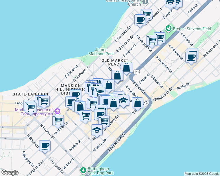 map of restaurants, bars, coffee shops, grocery stores, and more near 12 North Butler Street in Madison