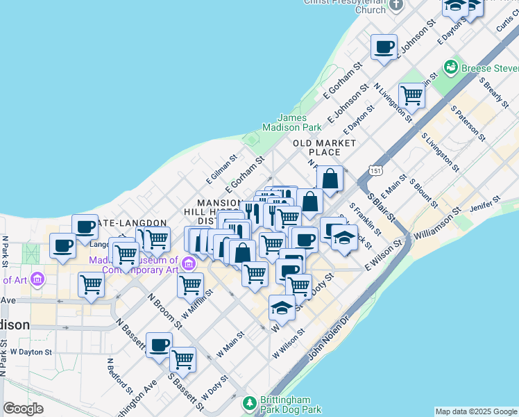 map of restaurants, bars, coffee shops, grocery stores, and more near 29 East Dayton Street in Madison