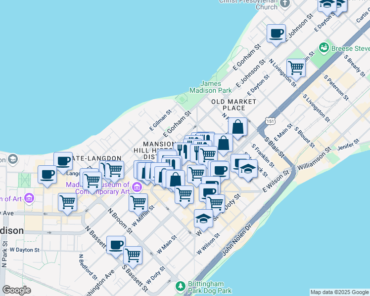 map of restaurants, bars, coffee shops, grocery stores, and more near 29 East Dayton Street in Madison