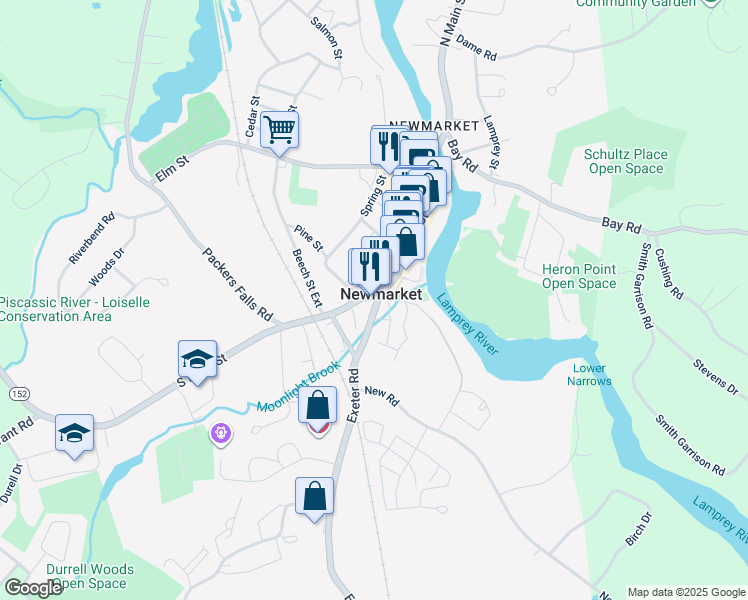 map of restaurants, bars, coffee shops, grocery stores, and more near 165 Main Street in Newmarket