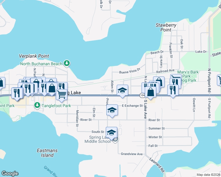 map of restaurants, bars, coffee shops, grocery stores, and more near 326 Rachaels Way in Spring Lake