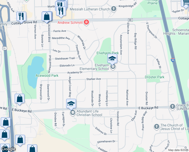 map of restaurants, bars, coffee shops, grocery stores, and more near 5013 Starker Avenue in Madison