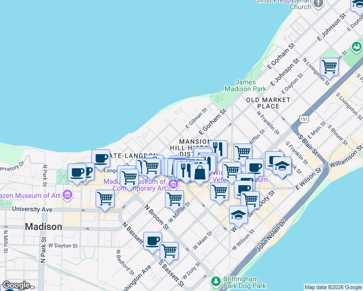 map of restaurants, bars, coffee shops, grocery stores, and more near 2 West Gorham Street in Madison