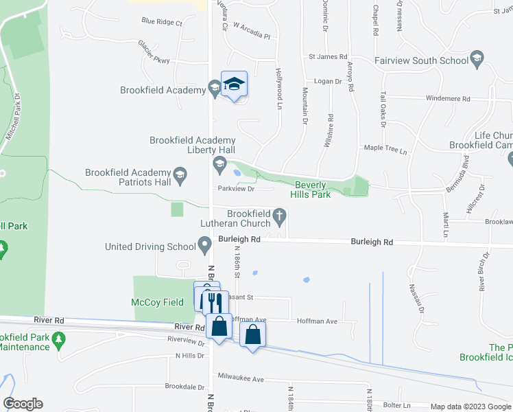 map of restaurants, bars, coffee shops, grocery stores, and more near 18590 Estate Circle in Brookfield