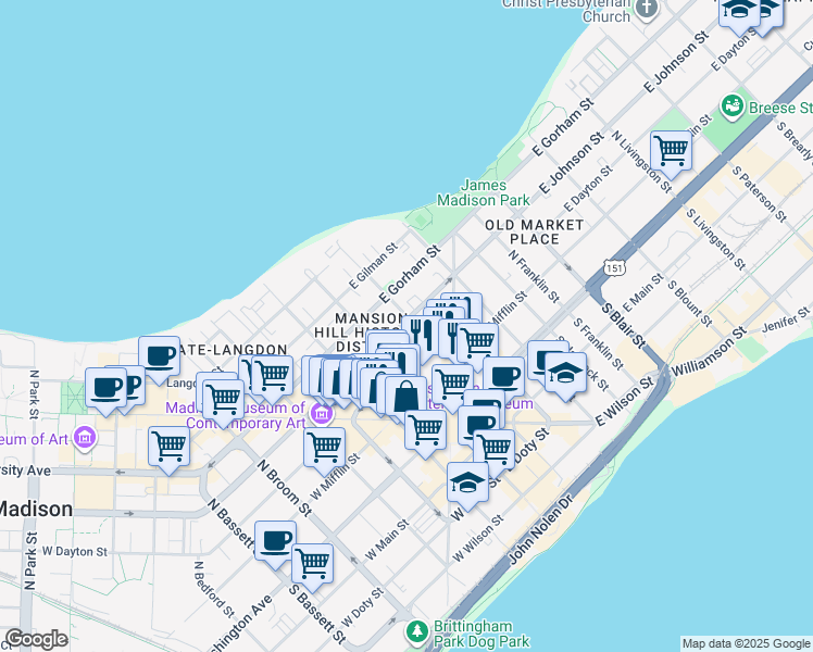 map of restaurants, bars, coffee shops, grocery stores, and more near 222 North Pinckney Street in Madison