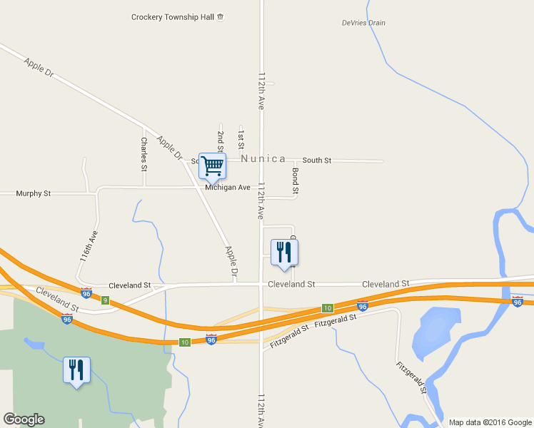 map of restaurants, bars, coffee shops, grocery stores, and more near 16954 Main Street in Nunica