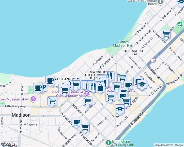 map of restaurants, bars, coffee shops, grocery stores, and more near 312 Wisconsin Avenue in Madison