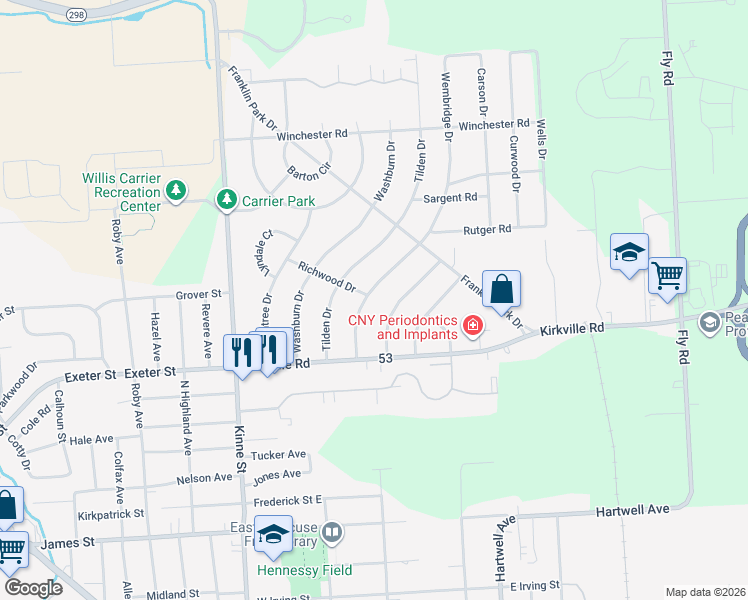 map of restaurants, bars, coffee shops, grocery stores, and more near 113 Longwood Drive in East Syracuse