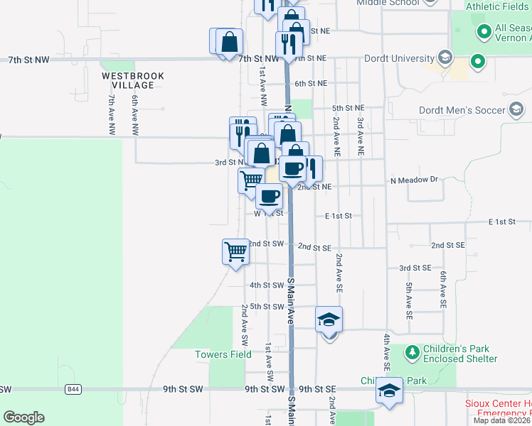 map of restaurants, bars, coffee shops, grocery stores, and more near 101 1st Avenue Southwest in Sioux Center