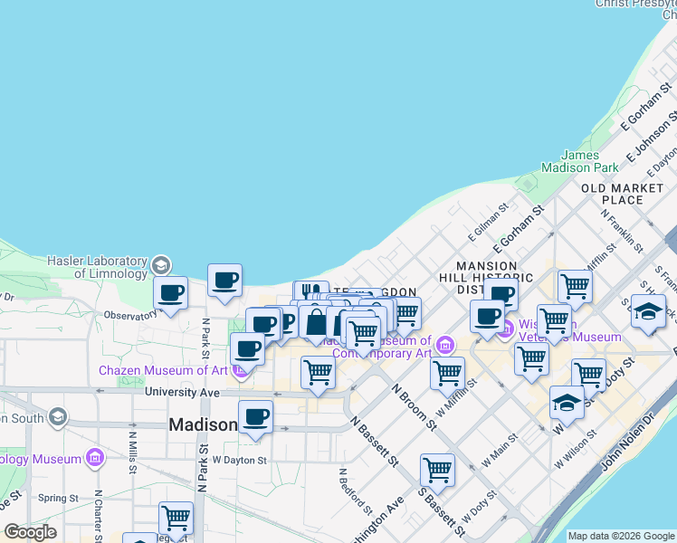 map of restaurants, bars, coffee shops, grocery stores, and more near 220 East Lakelawn Place in Madison