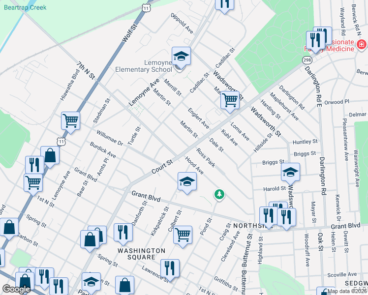 map of restaurants, bars, coffee shops, grocery stores, and more near 1301 Court Street in Syracuse