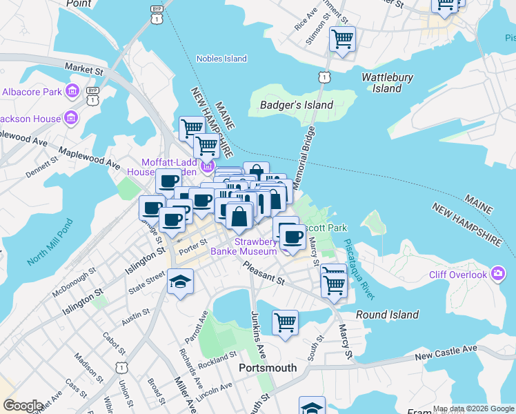 map of restaurants, bars, coffee shops, grocery stores, and more near 121 State Street in Portsmouth