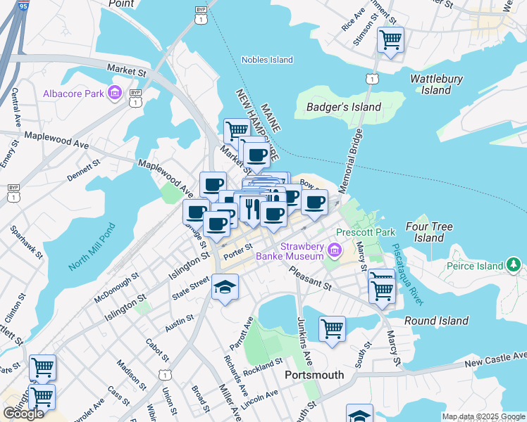map of restaurants, bars, coffee shops, grocery stores, and more near 3 Congress Street in Portsmouth