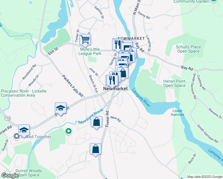 map of restaurants, bars, coffee shops, grocery stores, and more near 165 Main Street in Newmarket