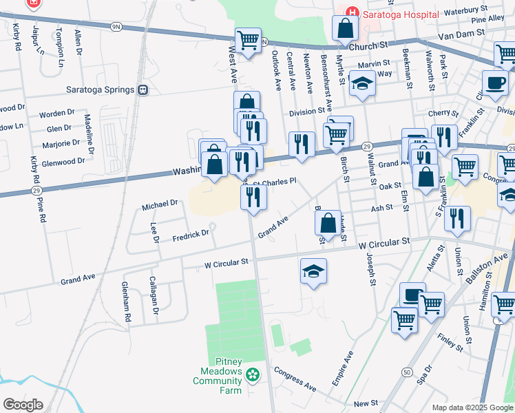 map of restaurants, bars, coffee shops, grocery stores, and more near 120 West Avenue in Saratoga Springs