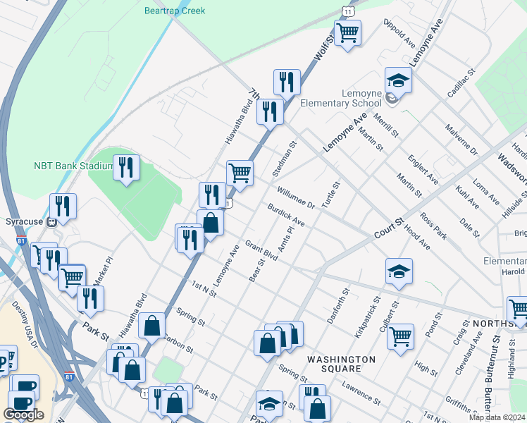map of restaurants, bars, coffee shops, grocery stores, and more near 115 Murray Avenue in Syracuse