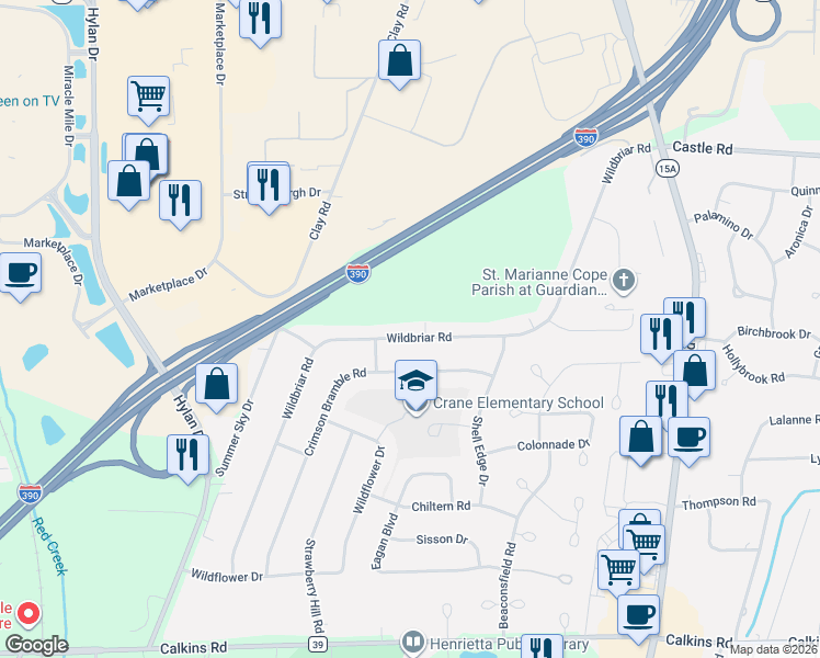 map of restaurants, bars, coffee shops, grocery stores, and more near 301 Wildbriar Road in Rochester