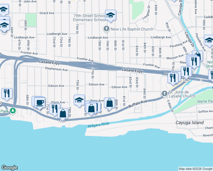 map of restaurants, bars, coffee shops, grocery stores, and more near 237 79th Street in Niagara Falls