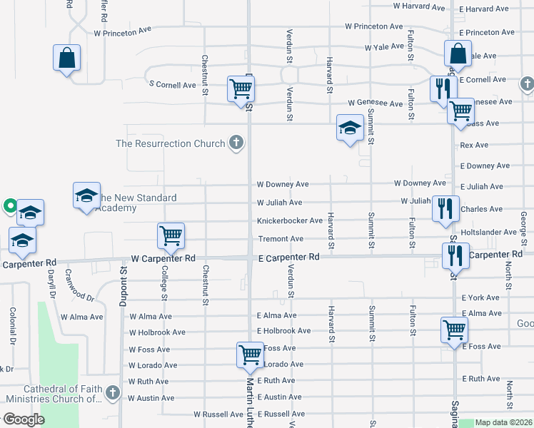 map of restaurants, bars, coffee shops, grocery stores, and more near in Mount Morris Township