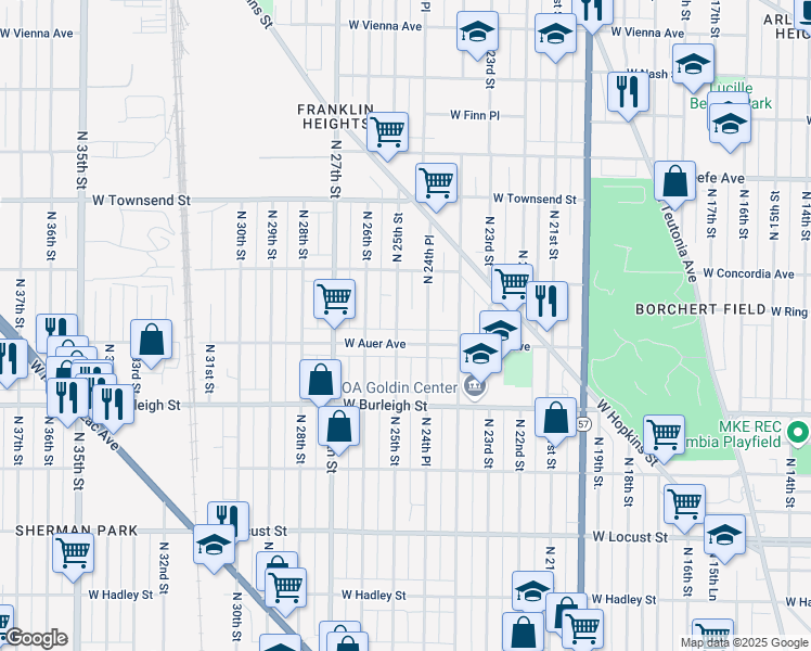 map of restaurants, bars, coffee shops, grocery stores, and more near 2504 West Auer Avenue in Milwaukee