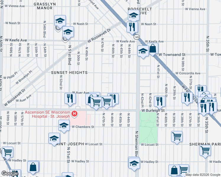 map of restaurants, bars, coffee shops, grocery stores, and more near 4633 West Auer Avenue in Milwaukee