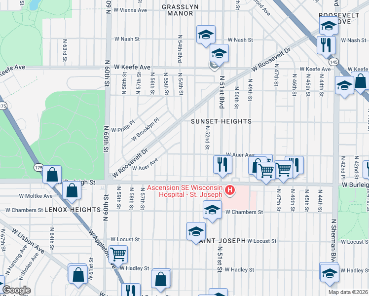 map of restaurants, bars, coffee shops, grocery stores, and more near 3177 North 54th Street in Milwaukee