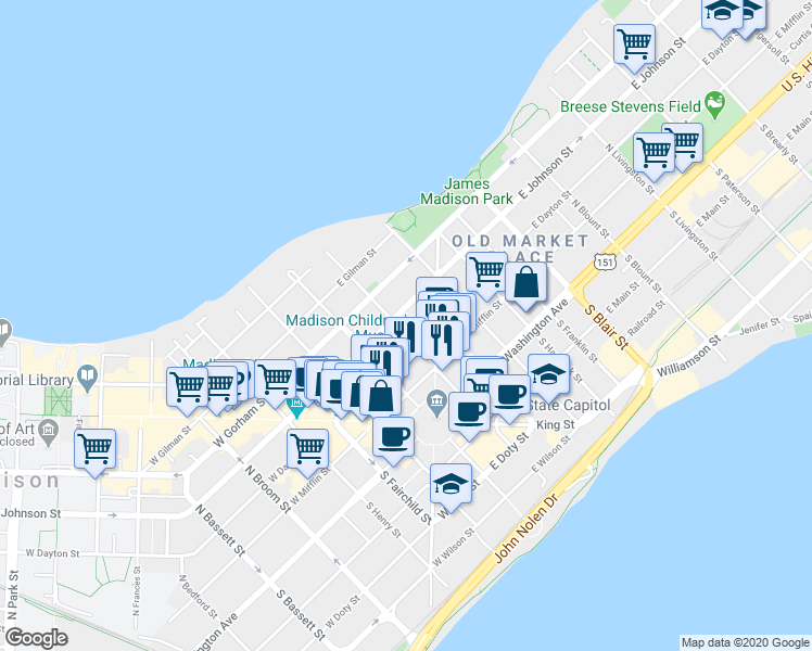 map of restaurants, bars, coffee shops, grocery stores, and more near 29 East Dayton Street in Madison