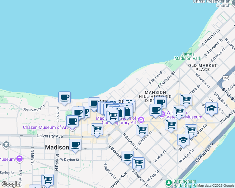 map of restaurants, bars, coffee shops, grocery stores, and more near 141 Langdon Street in Madison
