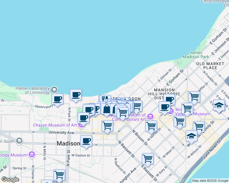 map of restaurants, bars, coffee shops, grocery stores, and more near 220 East Lakelawn Place in Madison