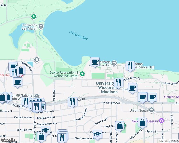 map of restaurants, bars, coffee shops, grocery stores, and more near 2000 Observatory Drive in Madison