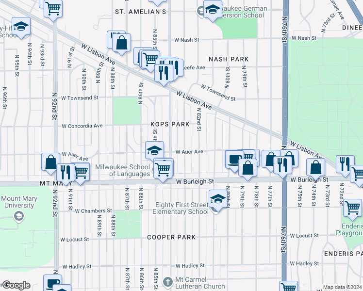 map of restaurants, bars, coffee shops, grocery stores, and more near 3217 North 83rd Street in Milwaukee